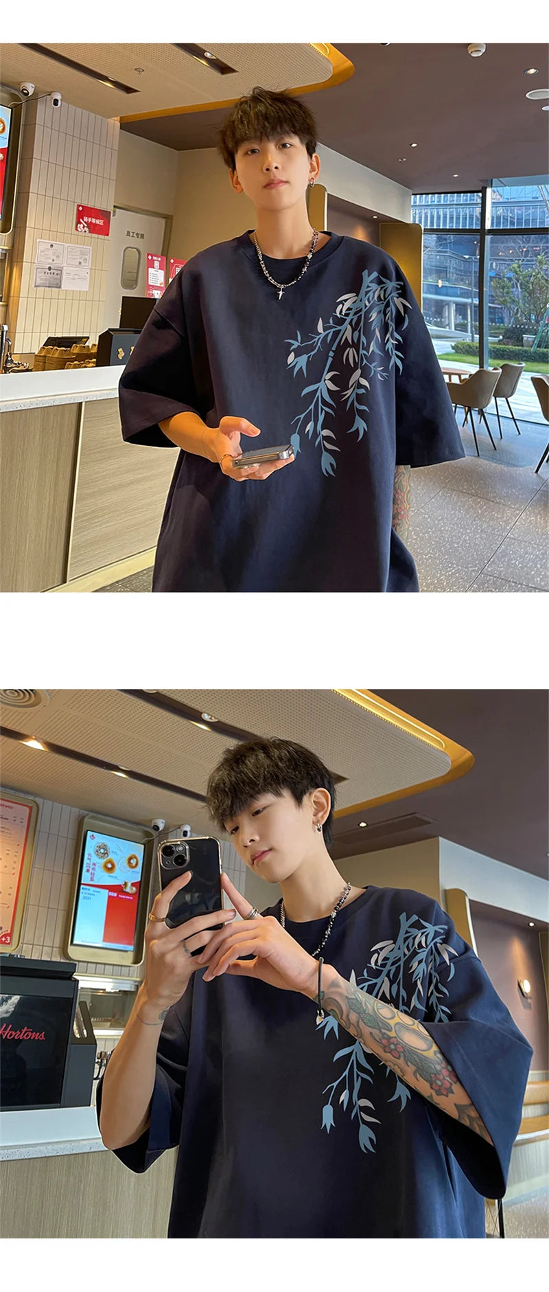 Oversized Bamboo Print Cotton Tee