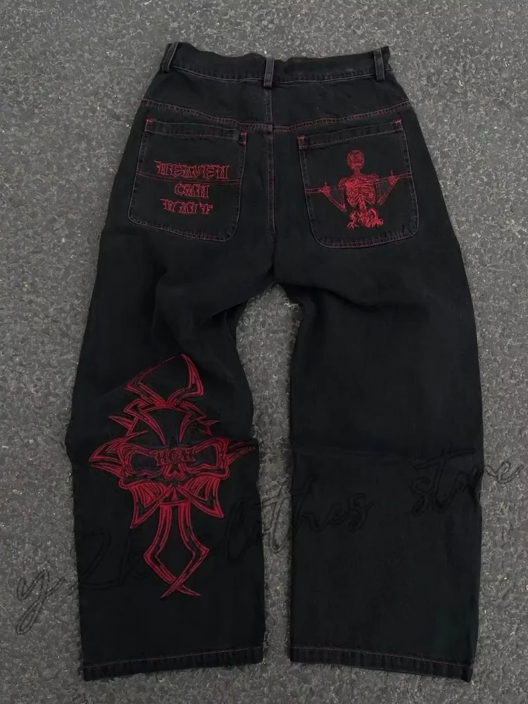 Y2K Skull Embroidered Wide Leg Jeans