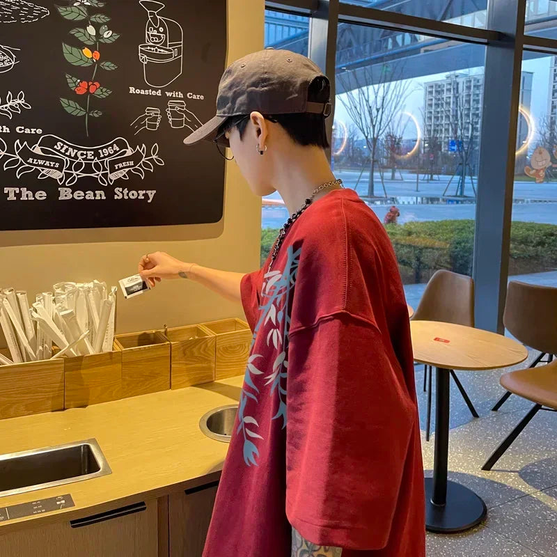 Oversized Bamboo Print Cotton Tee