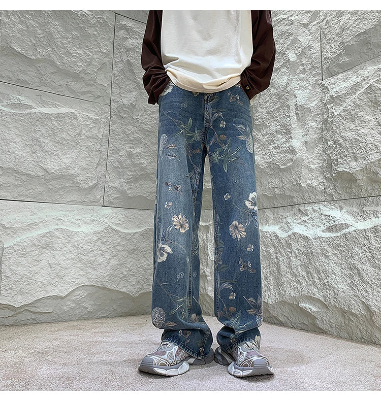 2026 Floral Wide-Leg Denim Jeans