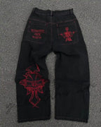 Y2K Skull Embroidered Wide Leg Jeans