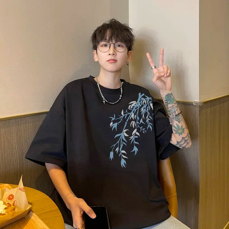 Oversized Bamboo Print Cotton Tee