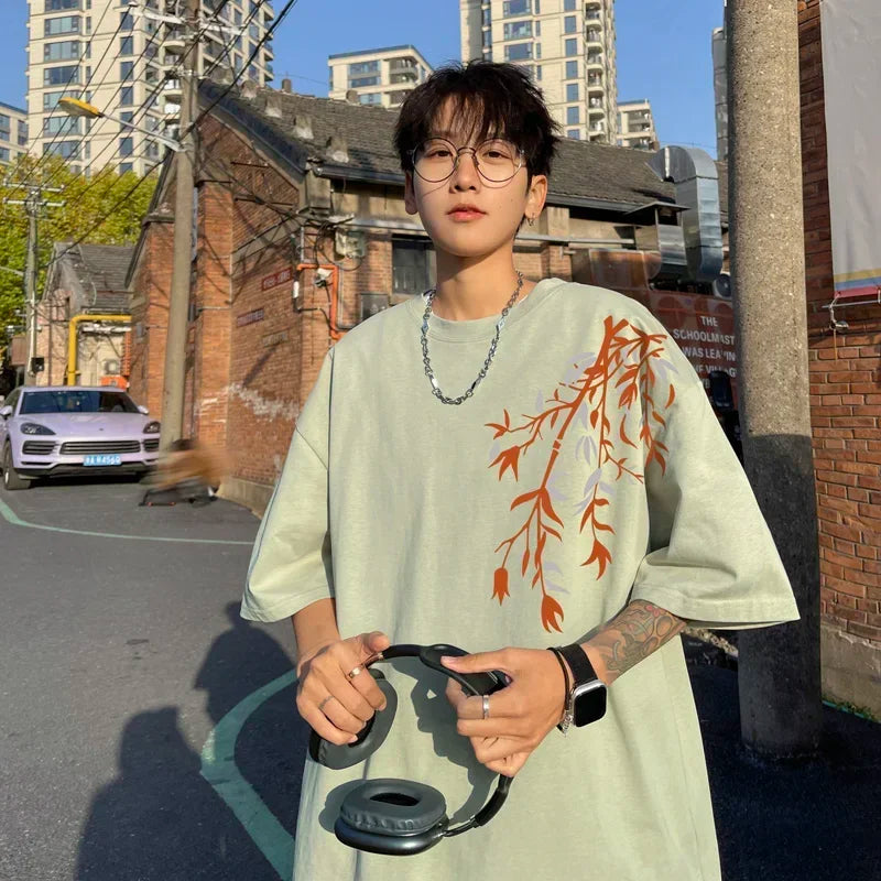 Oversized Bamboo Print Cotton Tee