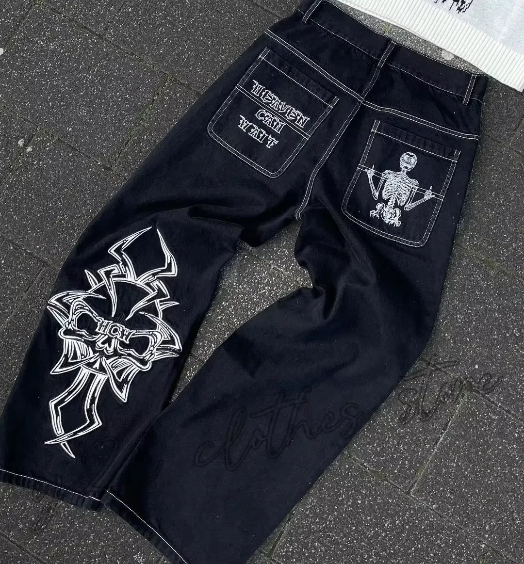 Y2K Skull Embroidered Wide Leg Jeans