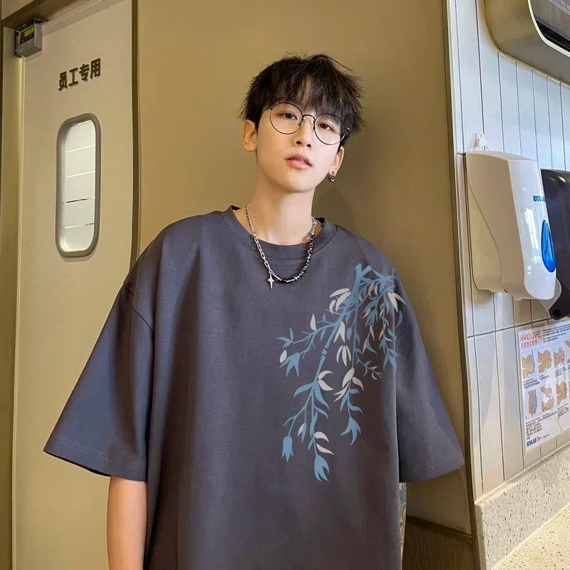 Oversized Bamboo Print Cotton Tee