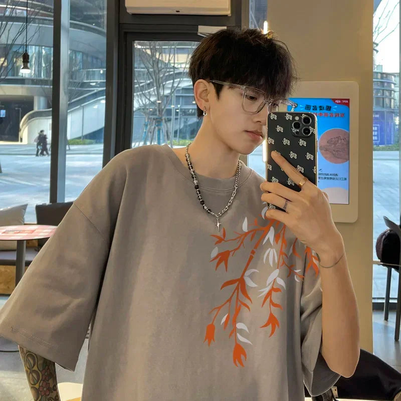 Oversized Bamboo Print Cotton Tee