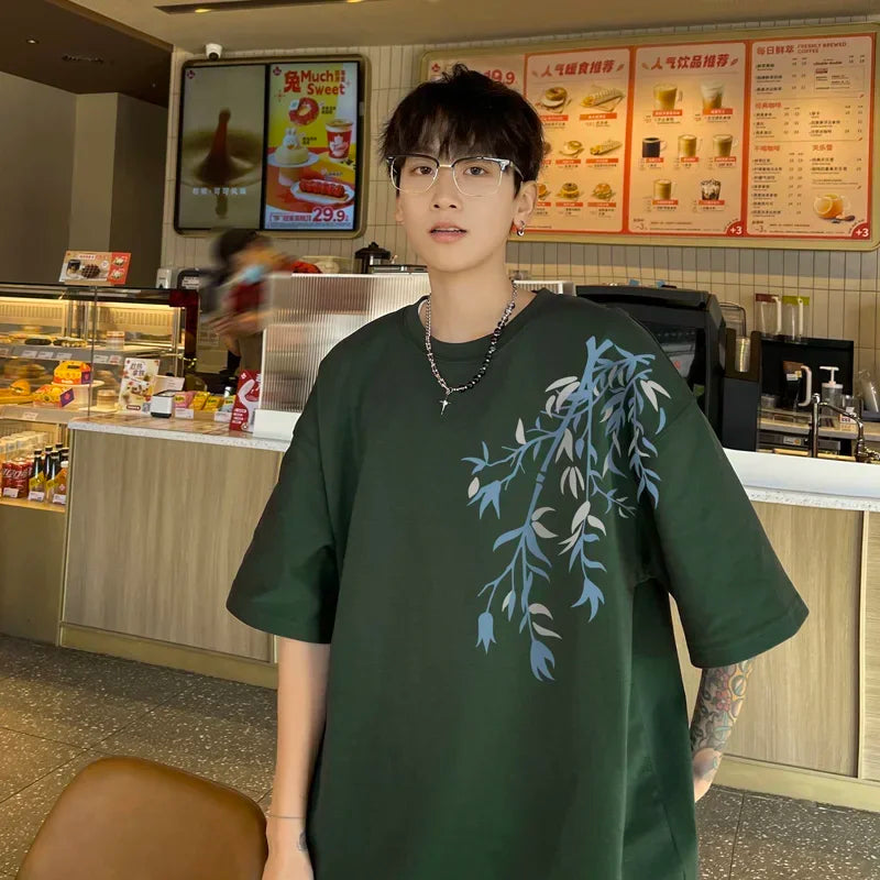 Oversized Bamboo Print Cotton Tee