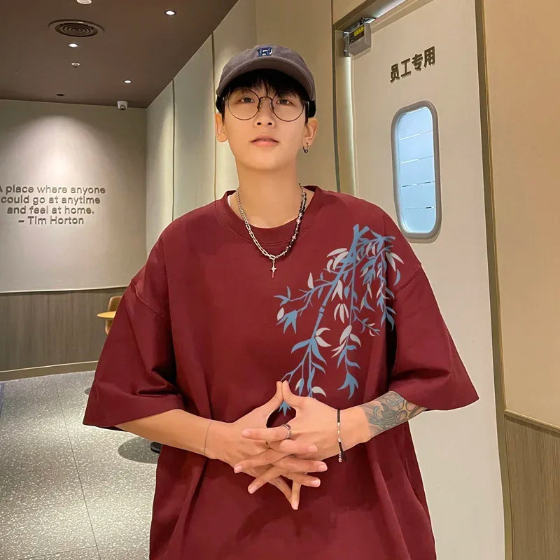 Oversized Bamboo Print Cotton Tee