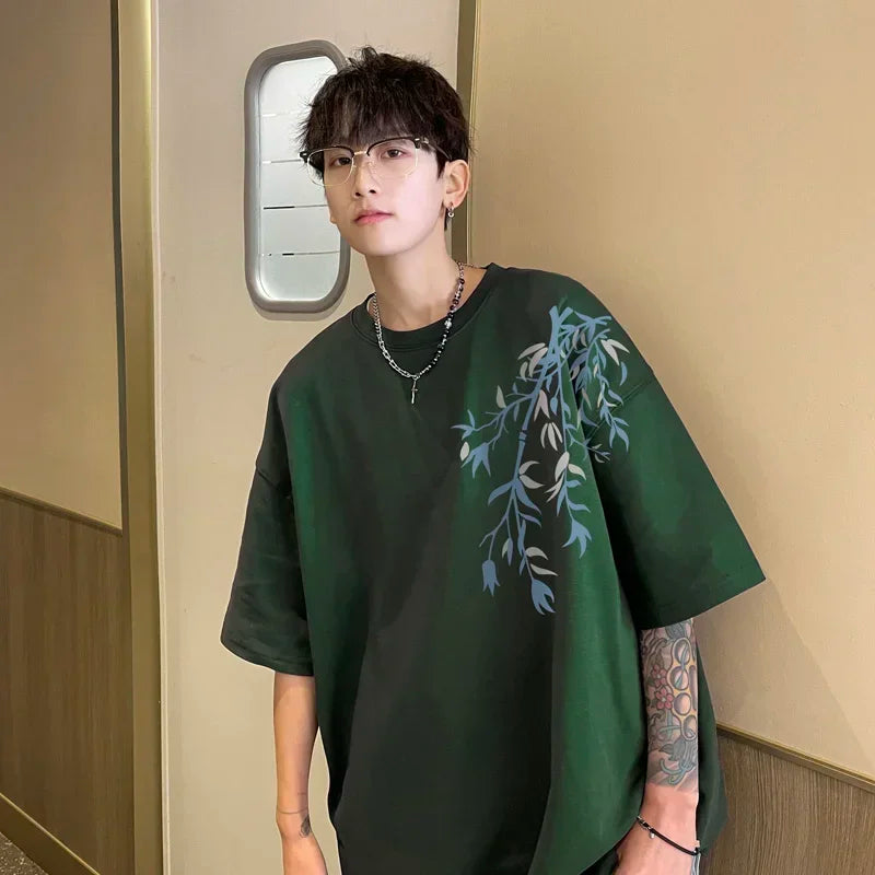 Oversized Bamboo Print Cotton Tee